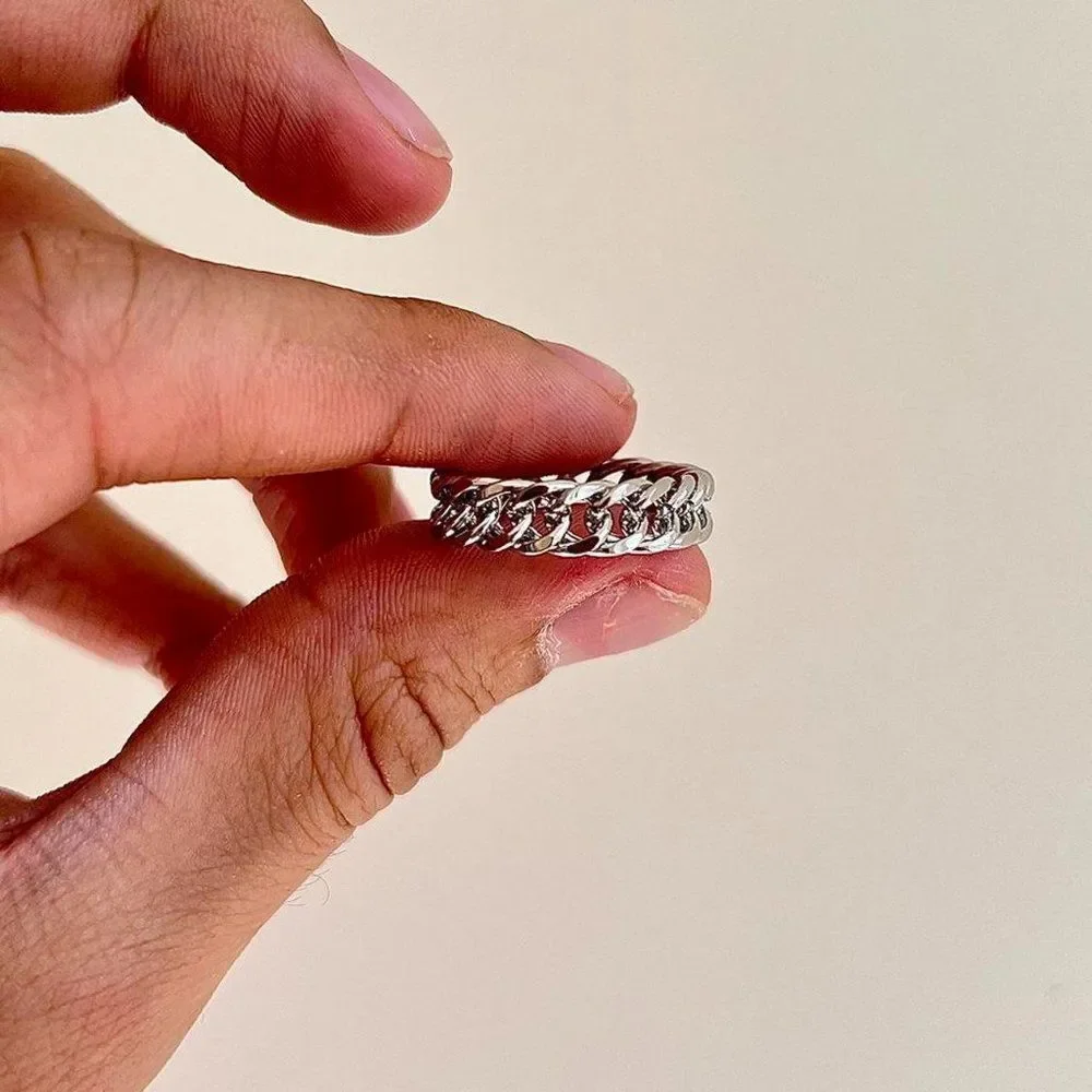 silver stainless steel cuban link ring